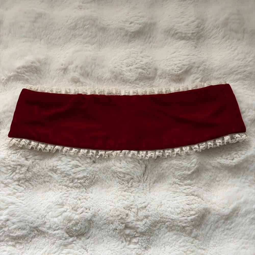 Romantic Vintage Red Velvet Wide Corset Belt with Lace Trim-Length 31”, Wide 5”